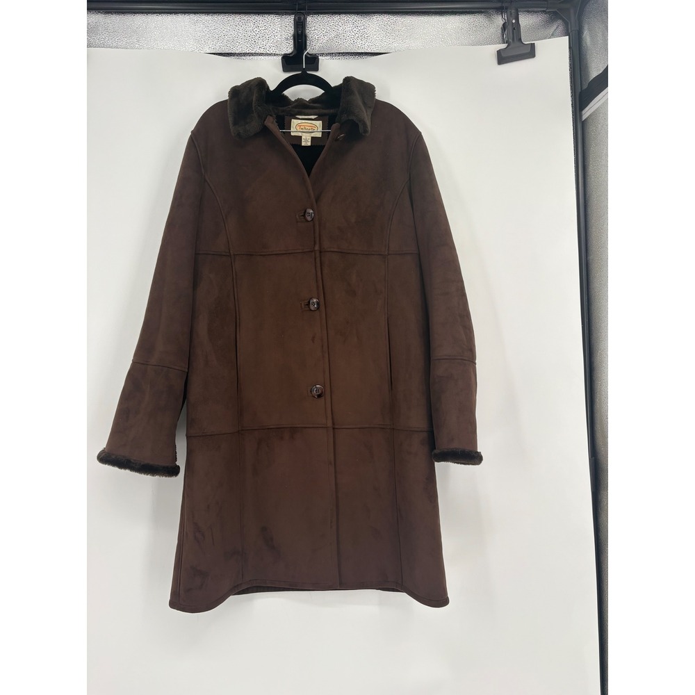 Talbots Coat Womens L Brown Faux Suede Shearling Fur Lined Button Up Mid Length